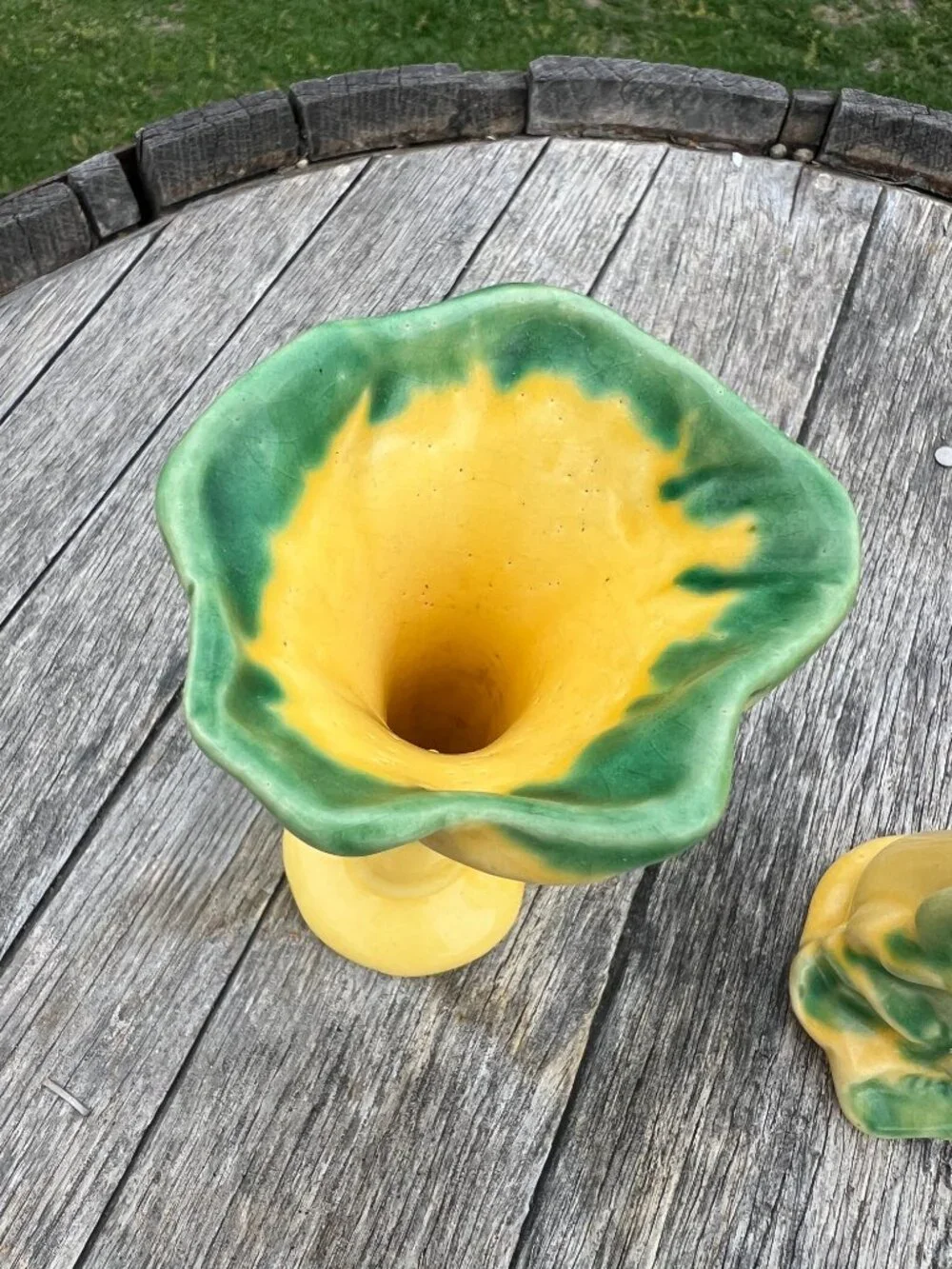 Pair of Vintage Yellow & Green Pottery Bud Vases | Cottage Floral Decor - Picture 3 of 10